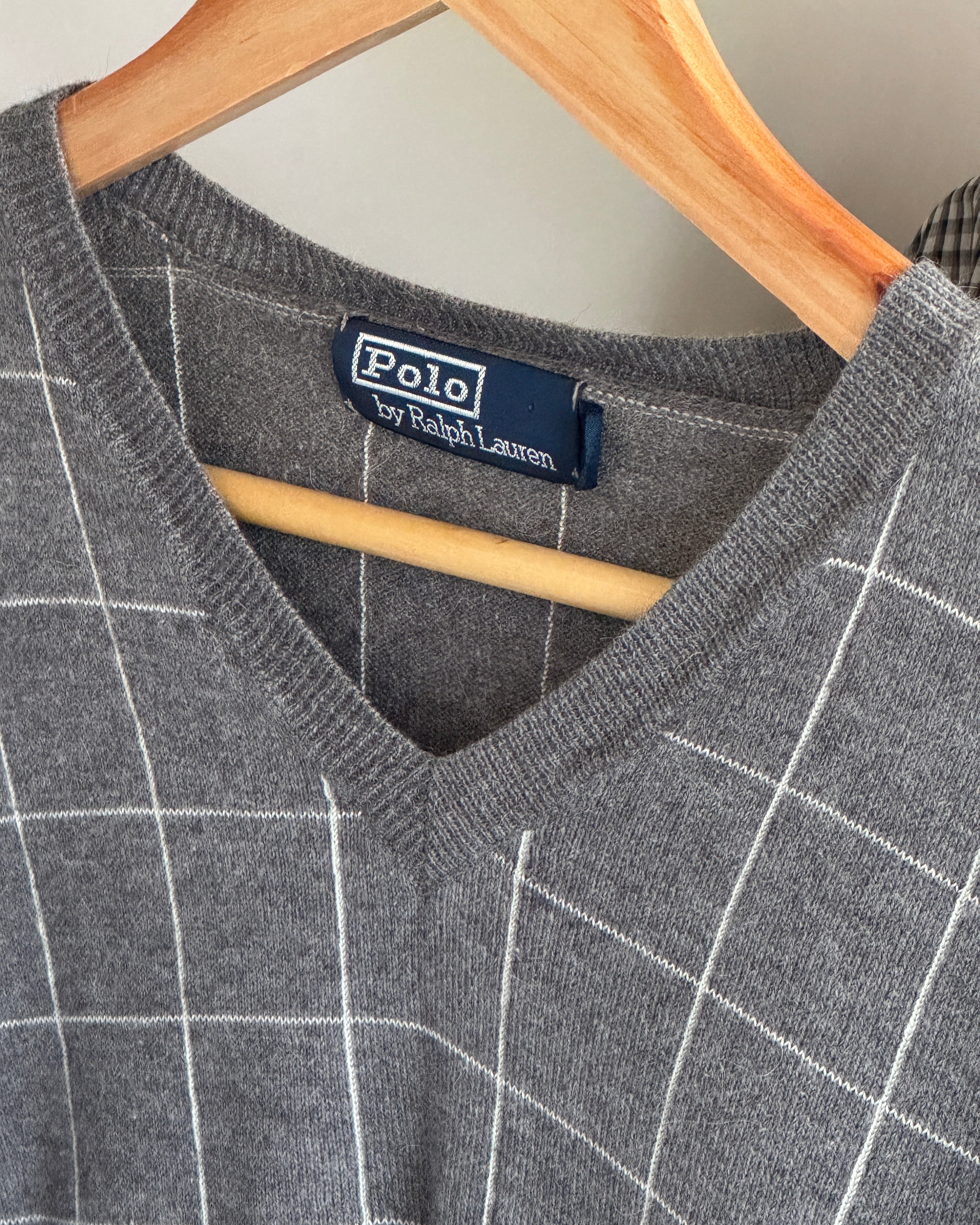 Ralph Lauren Grey & White Check V-Neck Jumper