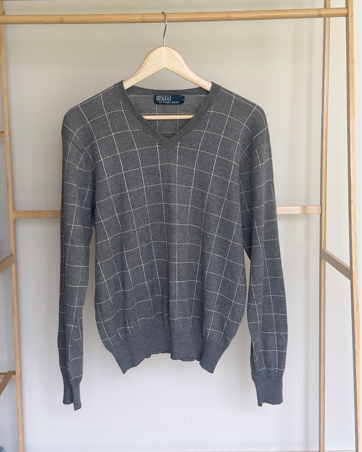 Ralph Lauren Grey & White Check V-Neck Jumper