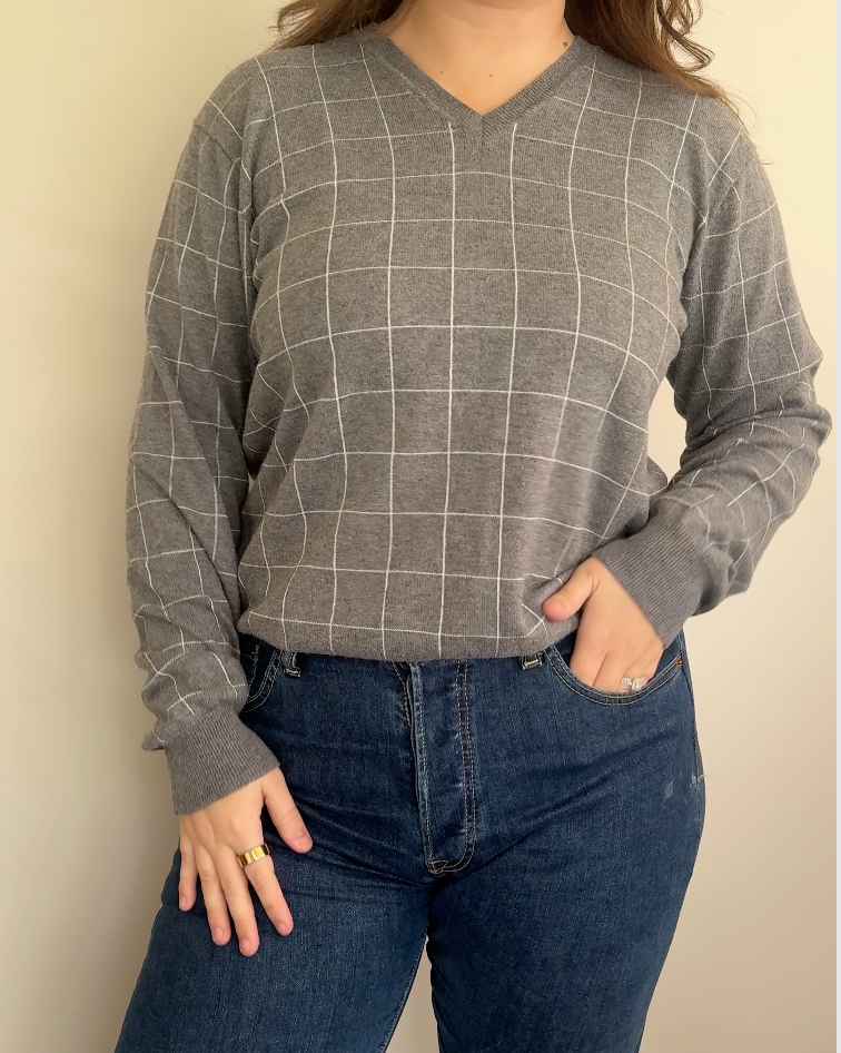 Ralph Lauren Grey & White Check V-Neck Jumper